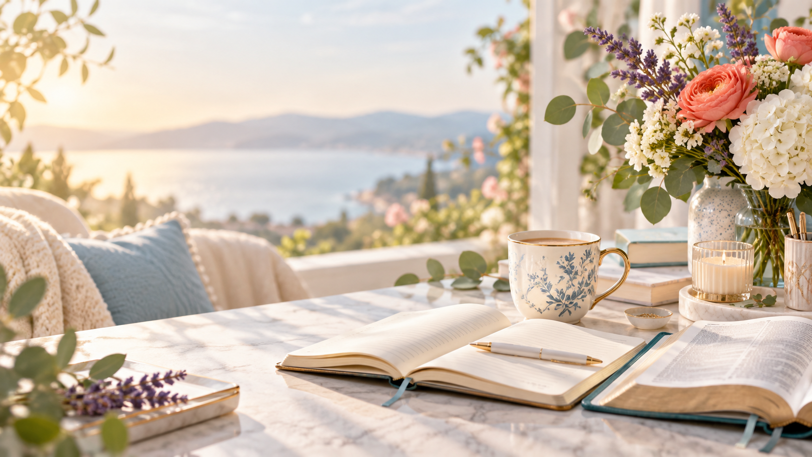 Bright journaling and devotional workspace with flowers, books and a seaside view